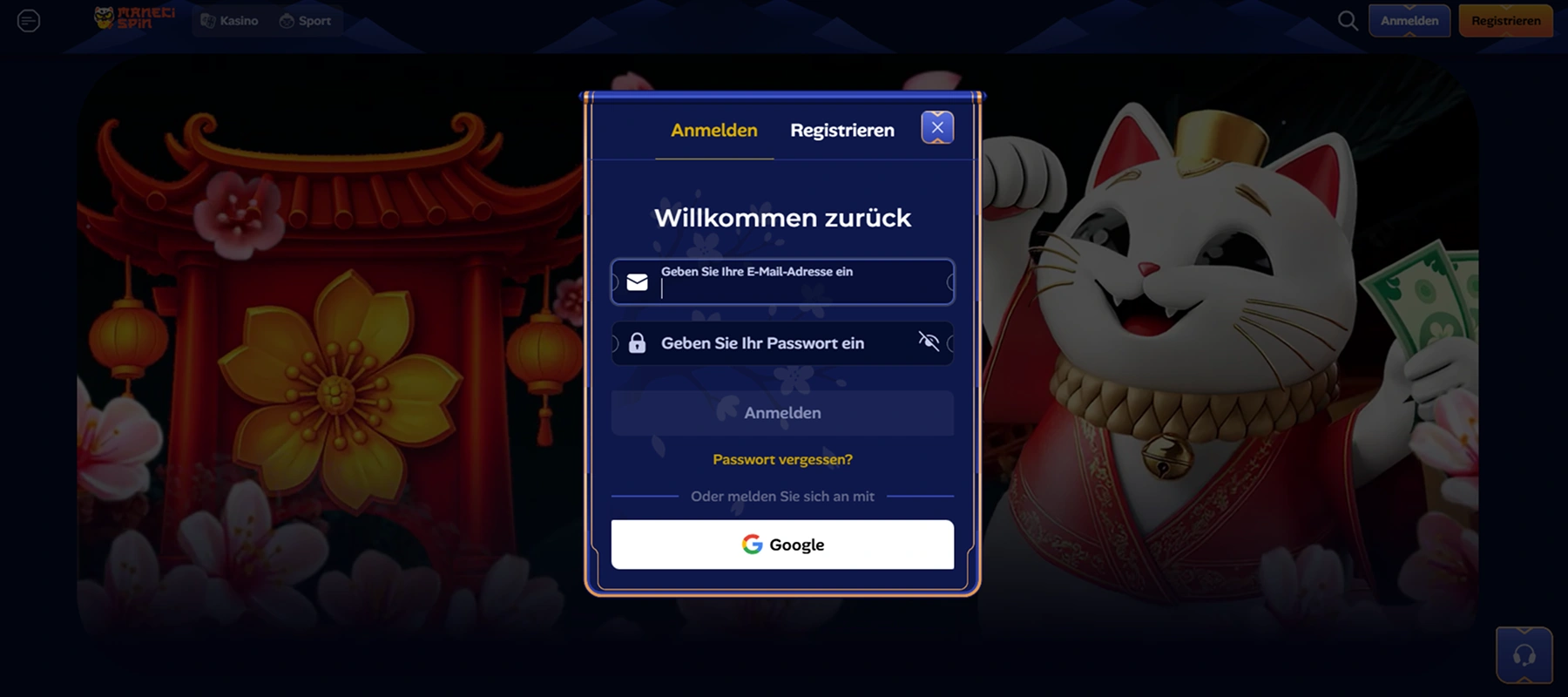 Manekispin Casino Login Fenster Anmeldung sicher und schnell